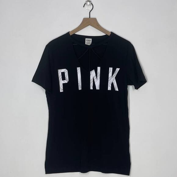 PINK Victoria's Secret White Logo Open Neck Black T-Shirt Top Women's Size XS - Picture 1 of 8
